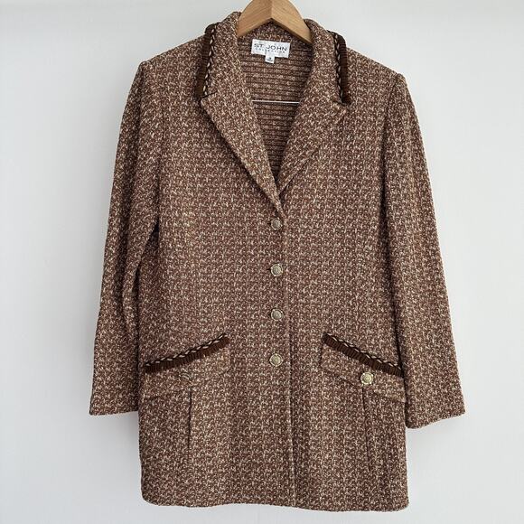 St. John Jackets & Blazers - St John Tweed Blazer Jacket 12 Brown Textured Knit Gold Button Fringe Jacket
